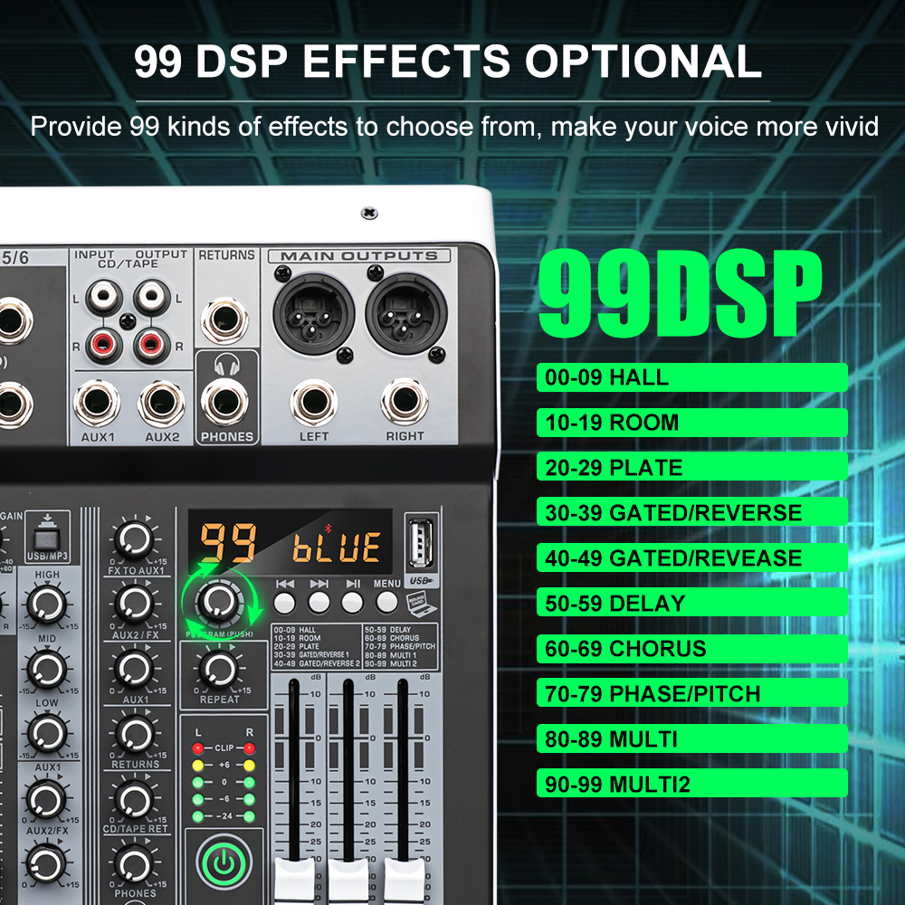 LEUS MX6 Channel 99 DSP Effect - Audio Music Mixer avaliação e preço
