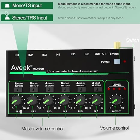 Aveek 6 Channel Mixer - Mini 6 - Audio Music Mixer avaliação e preço